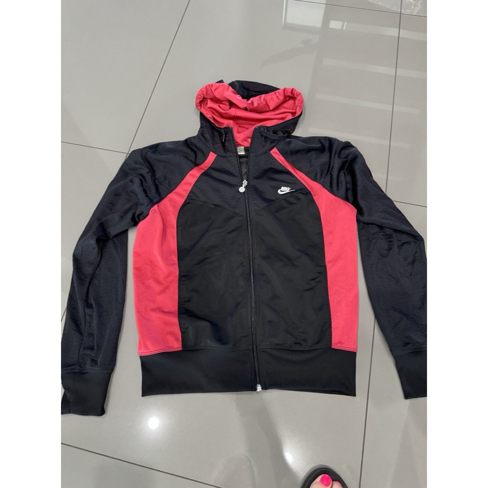 NIKE Women's Full Zip Hoodie Sweatshirt Black Pink Logo Swoosh Jacket Size M